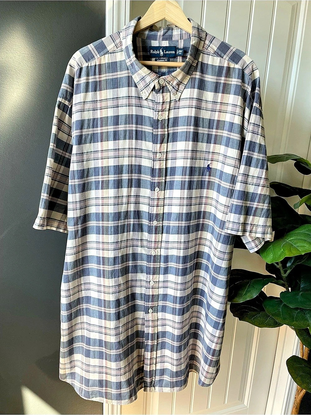 Polo Ralph Lauren Shirt Mens 3XLT Blue White Plaid Classic Fit S/S Button Down